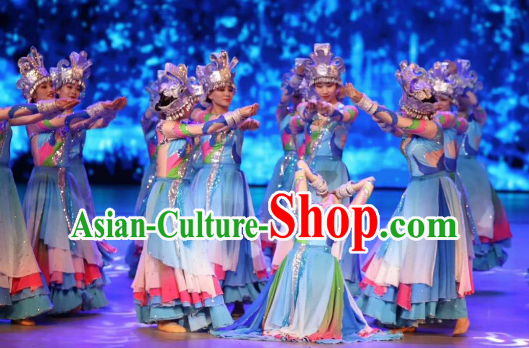 Chinese Wind Of Colorful Guizhou Miao Nationality Ethnic Dance Blue Dress Stage Performance Costume and Headpiece for Women