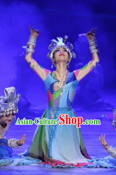 Chinese Wind Of Colorful Guizhou Miao Nationality Ethnic Dance Blue Dress Stage Performance Costume and Headpiece for Women