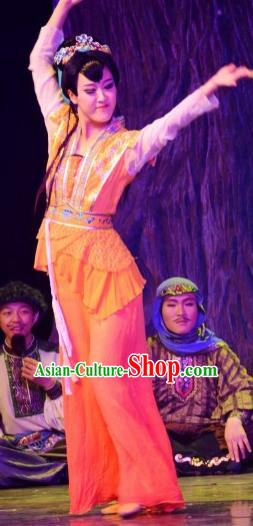 Chinese The Moon Rising On The Helan Mountain Hui Nationality Ethnic Dance Dress Stage Performance Costume and Headpiece for Women
