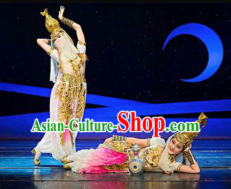 Chinese The Moon Rising On The Helan Mountain Hui Nationality Ethnic Dance White Dress Stage Performance Costume and Headpiece for Women