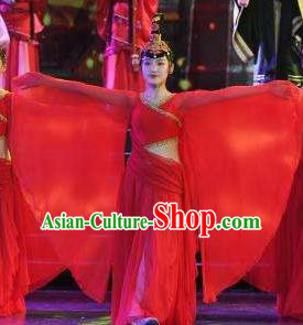 Chinese Han Wind Float In The Sky Classical Dance Red Dress Stage Performance Costume and Headpiece for Women