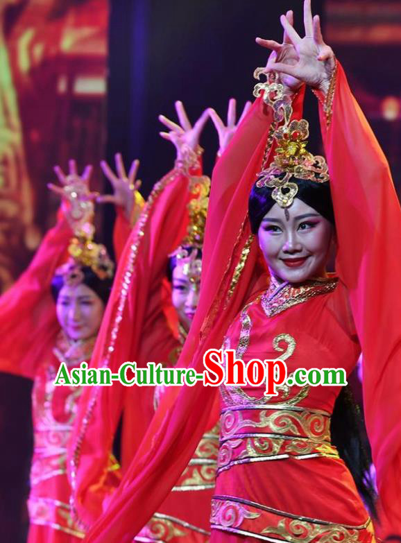 Chinese Han Wind Float In The Sky Han Dynasty Court Classical Dance Red Dress Stage Performance Costume and Headpiece for Women