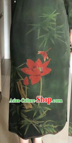 Traditional Chinese Classical Bamboo Lotus Pattern Green Gambiered Guangdong Gauze Silk Fabric Ancient Hanfu Dress Silk Cloth