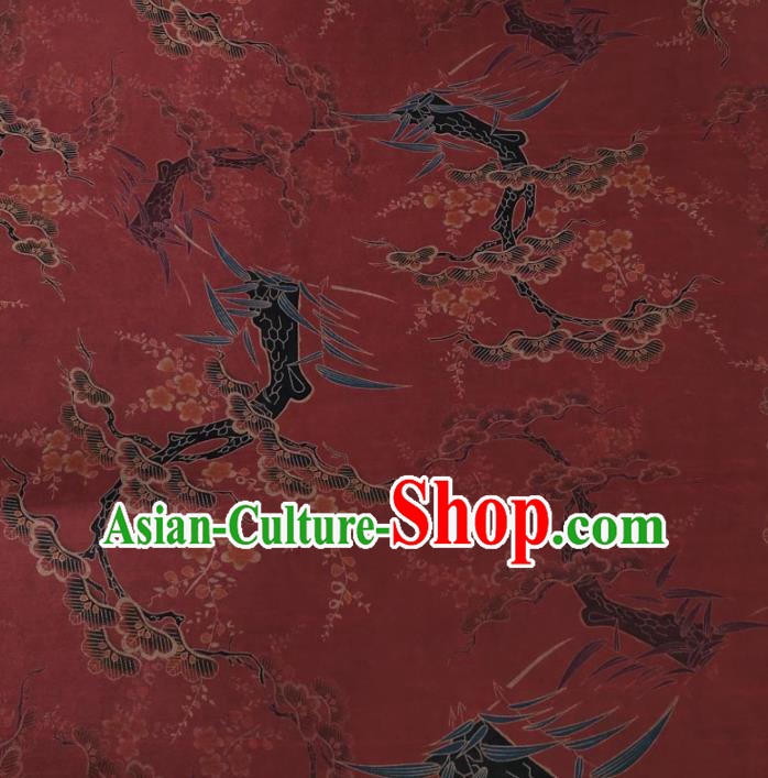 Traditional Chinese Classical Pine Plum Pattern Dark Red Gambiered Guangdong Gauze Silk Fabric Ancient Hanfu Dress Silk Cloth