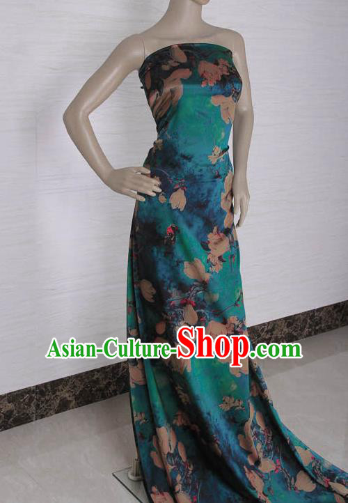 Traditional Chinese Classical Yulan Magnolia Pattern Blue Gambiered Guangdong Gauze Silk Fabric Ancient Hanfu Dress Silk Cloth