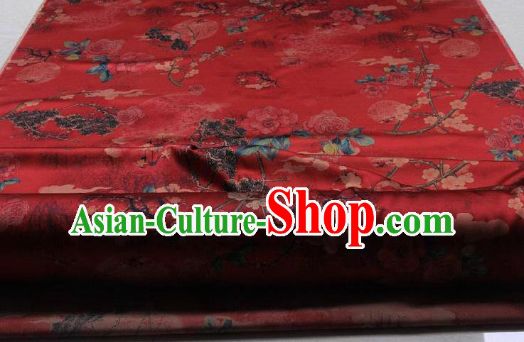 Traditional Chinese Classical Peony Plum Pattern Red Gambiered Guangdong Gauze Silk Fabric Ancient Hanfu Dress Silk Cloth