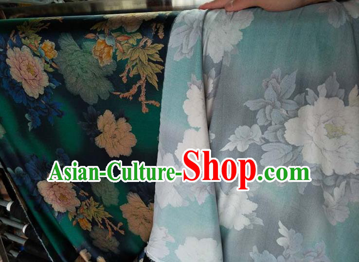 Traditional Chinese Classical Peony Pattern Deep Green Gambiered Guangdong Gauze Silk Fabric Ancient Hanfu Dress Silk Cloth
