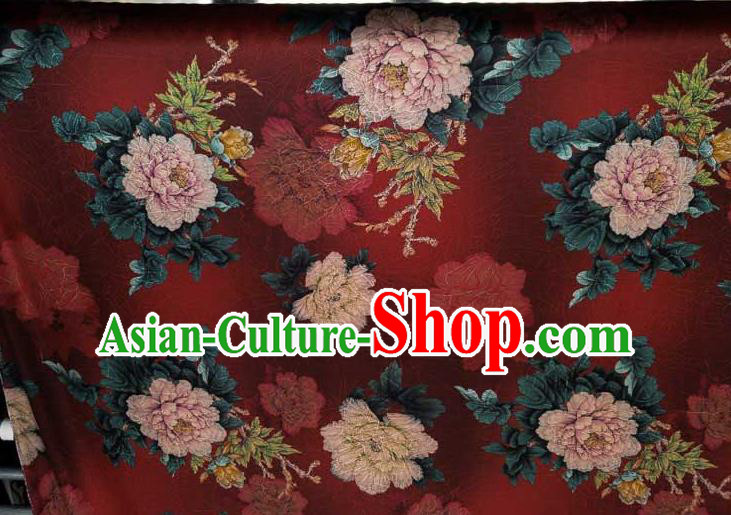 Traditional Chinese Classical Peony Pattern Deep Red Gambiered Guangdong Gauze Silk Fabric Ancient Hanfu Dress Silk Cloth