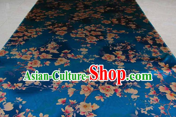 Traditional Chinese Classical Magnolia Pattern Blue Gambiered Guangdong Gauze Silk Fabric Ancient Hanfu Dress Silk Cloth