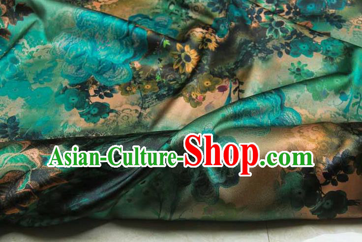 Traditional Chinese Classical Peony Pattern Green Gambiered Guangdong Gauze Silk Fabric Ancient Hanfu Dress Silk Cloth
