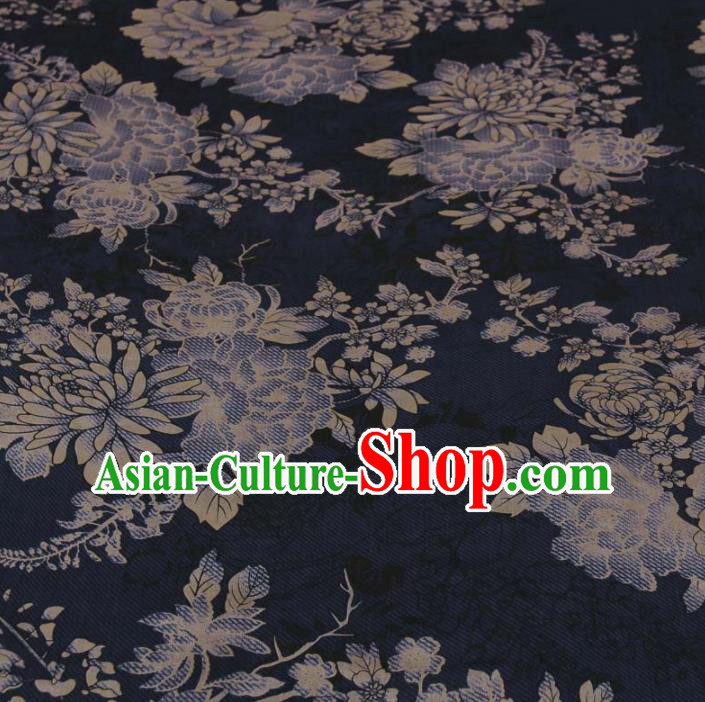 Traditional Chinese Classical Chrysanthemum Peony Pattern Navy Gambiered Guangdong Gauze Silk Fabric Ancient Hanfu Dress Silk Cloth