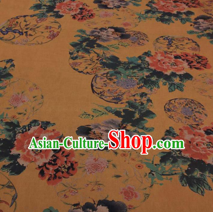 Traditional Chinese Classical Flowers Pattern Yellow Gambiered Guangdong Gauze Silk Fabric Ancient Hanfu Dress Silk Cloth