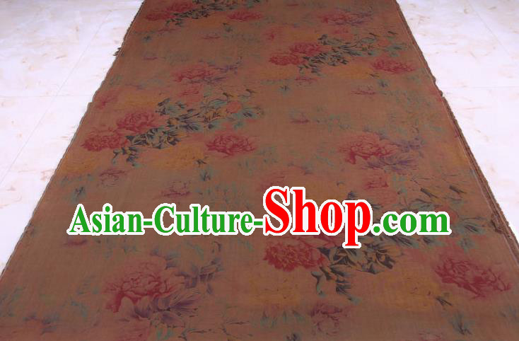 Traditional Chinese Classical Peony Pattern Brown Gambiered Guangdong Gauze Silk Fabric Ancient Hanfu Dress Silk Cloth