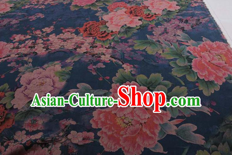 Traditional Chinese Classical Peony Pattern Peacock Blue Gambiered Guangdong Gauze Silk Fabric Ancient Hanfu Dress Silk Cloth