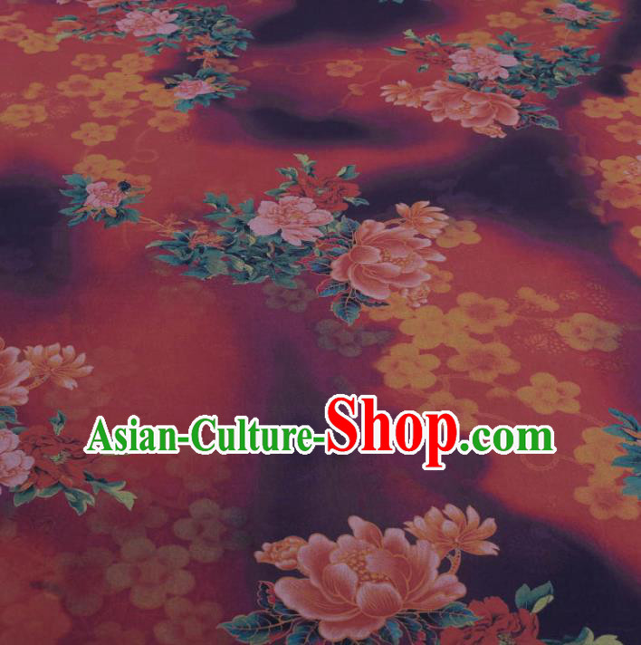 Traditional Chinese Classical Peony Plum Pattern Dark Red Gambiered Guangdong Gauze Silk Fabric Ancient Hanfu Dress Silk Cloth