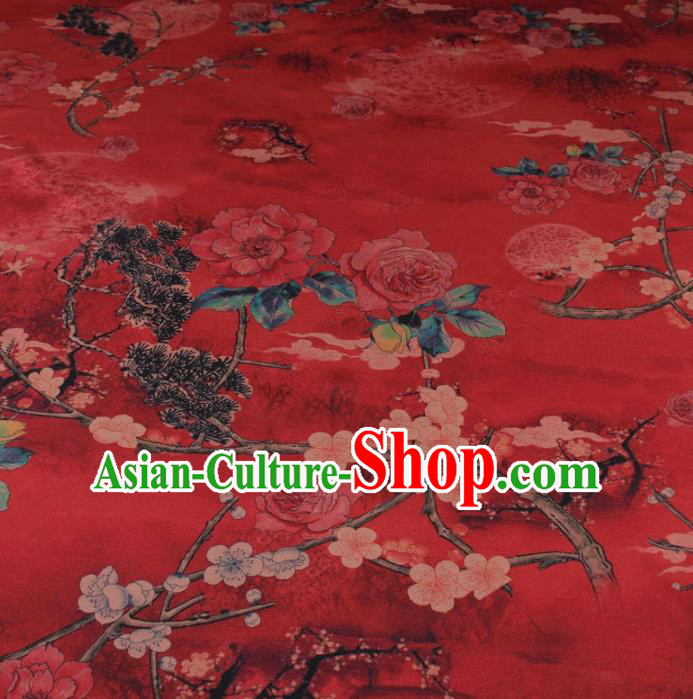 Traditional Chinese Classical Plum Peony Pattern Red Gambiered Guangdong Gauze Silk Fabric Ancient Hanfu Dress Silk Cloth
