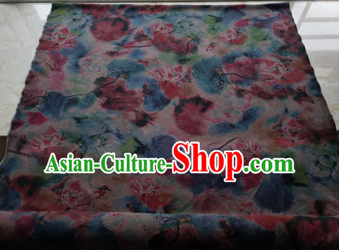 Traditional Chinese Classical Lotus Pattern Blue Gambiered Guangdong Gauze Silk Fabric Ancient Hanfu Dress Silk Cloth