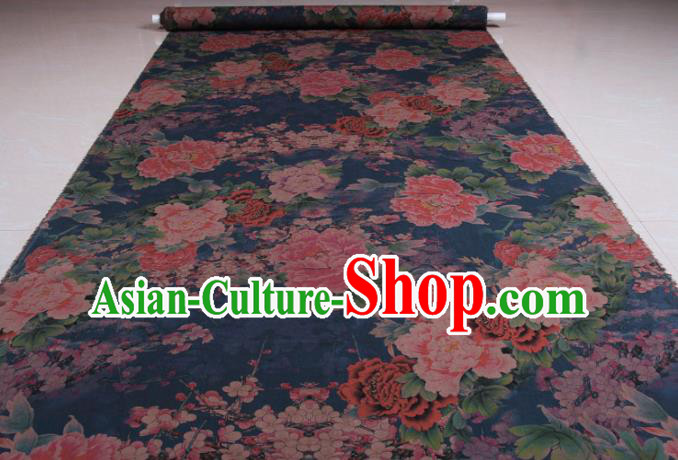 Traditional Chinese Classical Peony Plum Pattern Navy Gambiered Guangdong Gauze Silk Fabric Ancient Hanfu Dress Silk Cloth