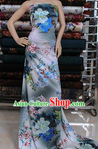 Traditional Chinese Classical Peony Plum Pattern Light Blue Gambiered Guangdong Gauze Silk Fabric Ancient Hanfu Dress Silk Cloth