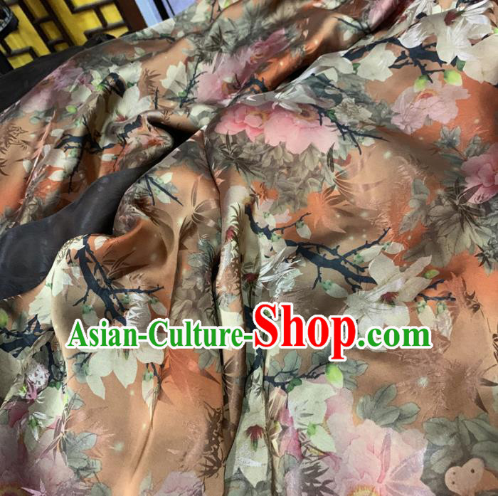 Chinese Classical Flowers Pattern Orange Silk Fabric Traditional Ancient Hanfu Dress Brocade Cloth