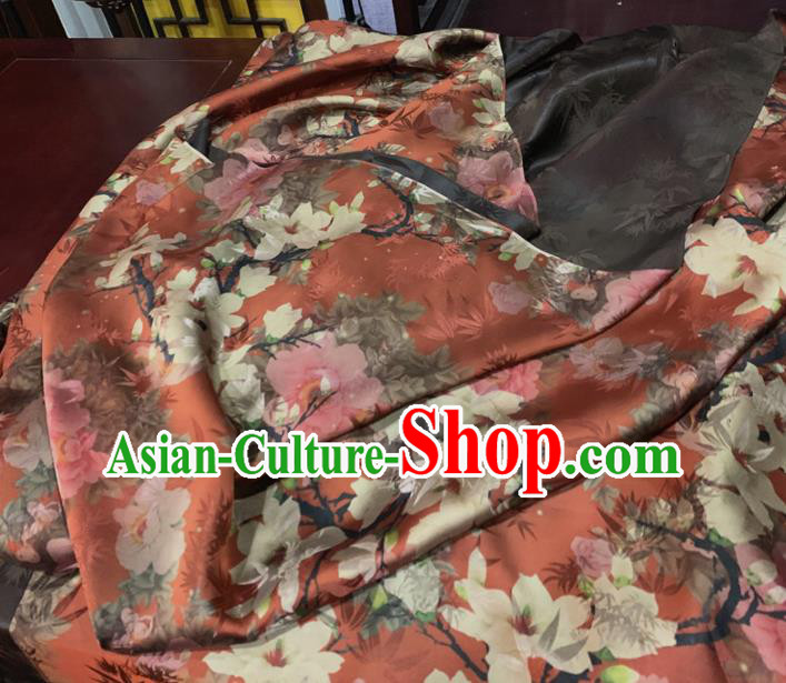 Chinese Classical Flowers Pattern Rust Red Silk Fabric Traditional Ancient Hanfu Dress Brocade Cloth