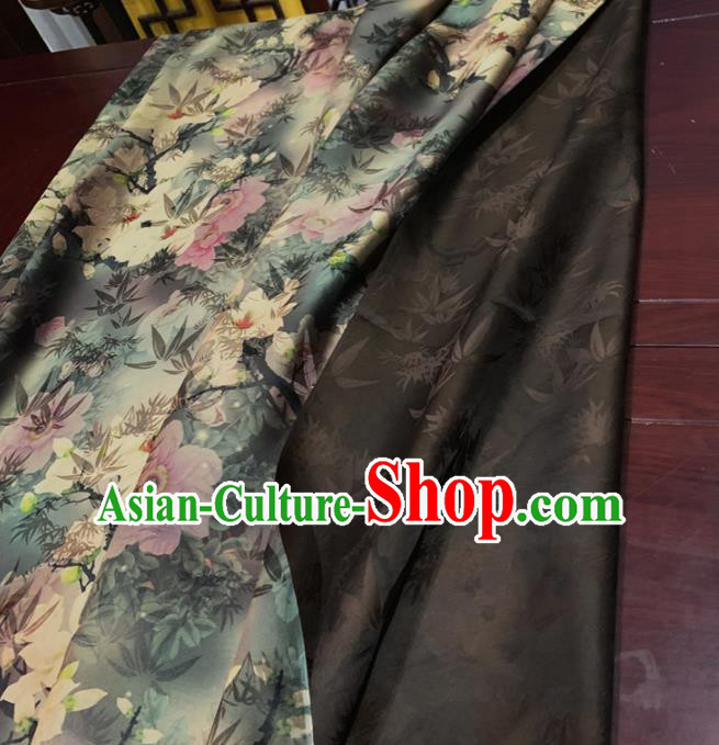 Chinese Classical Flowers Pattern Dark Green Silk Fabric Traditional Ancient Hanfu Dress Brocade Cloth