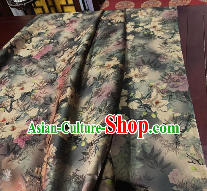 Chinese Classical Flowers Pattern Dark Green Silk Fabric Traditional Ancient Hanfu Dress Brocade Cloth