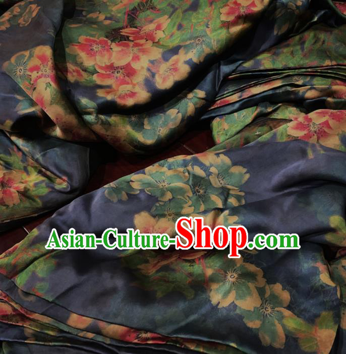 Chinese Classical Peach Blossom Pattern Navy Silk Fabric Traditional Ancient Hanfu Dress Brocade Cloth