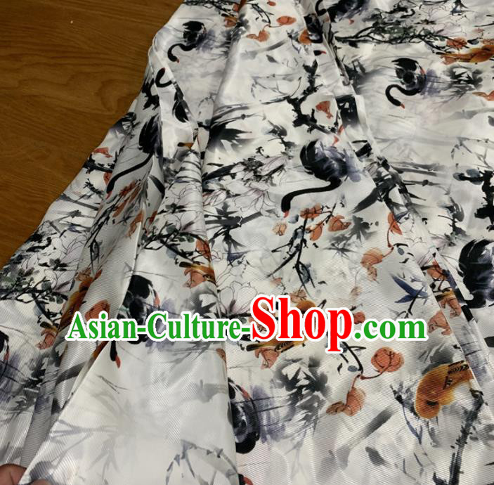 Chinese Classical Ink Painting Swan Pattern White Silk Fabric Traditional Ancient Hanfu Dress Brocade Cloth