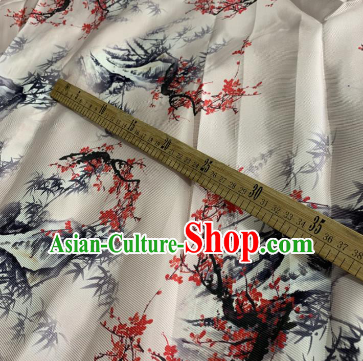 Chinese Classical Plum Blossom Bamboo Pattern White Silk Fabric Traditional Ancient Hanfu Dress Brocade Cloth