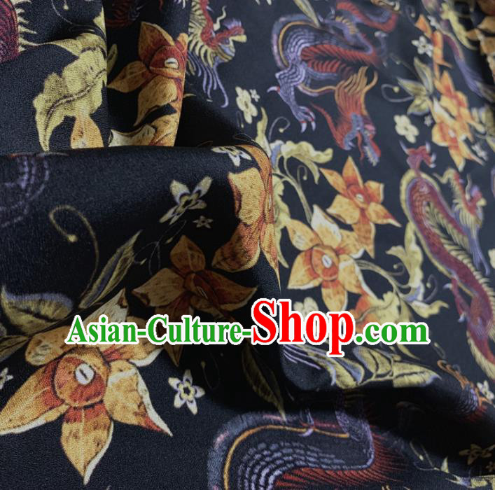 Chinese Classical Dragon Flowers Pattern Navy Silk Fabric Traditional Ancient Hanfu Dress Brocade Cloth