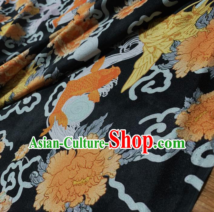 Chinese Classical Carp Peony Pattern Black Silk Fabric Traditional Ancient Hanfu Dress Brocade Cloth