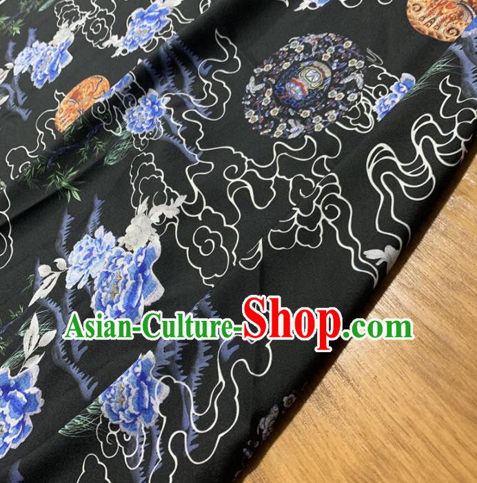Chinese Classical Peony Pattern Black Silk Fabric Traditional Ancient Hanfu Dress Brocade Cloth