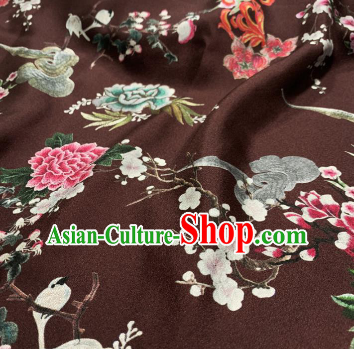 Chinese Classical Peony Pattern Deep Brown Silk Fabric Traditional Ancient Hanfu Dress Brocade Cloth