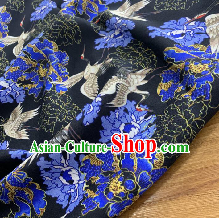 Chinese Classical Peony Cranes Pattern Black Silk Fabric Traditional Ancient Hanfu Dress Brocade Cloth