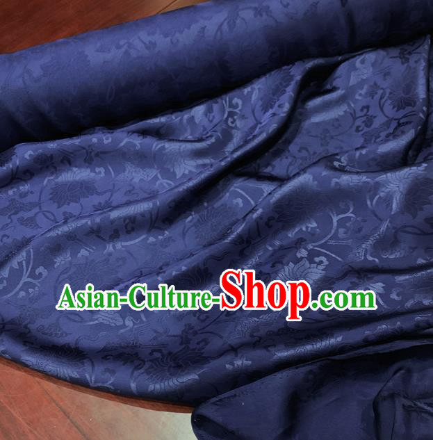 Chinese Classical Lotus Pattern Navy Blue Silk Fabric Traditional Ancient Hanfu Dress Brocade Cloth