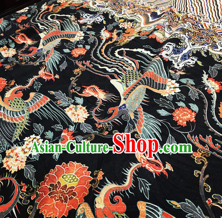 Chinese Classical Phoenix Lotus Pattern Black Silk Fabric Traditional Ancient Hanfu Dress Brocade Cloth