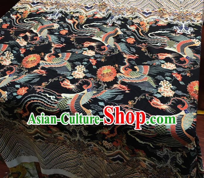 Chinese Classical Phoenix Lotus Pattern Black Silk Fabric Traditional Ancient Hanfu Dress Brocade Cloth