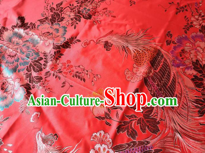 Chinese Classical Phoenix Peony Pattern Red Silk Fabric Traditional Ancient Hanfu Dress Brocade Cloth