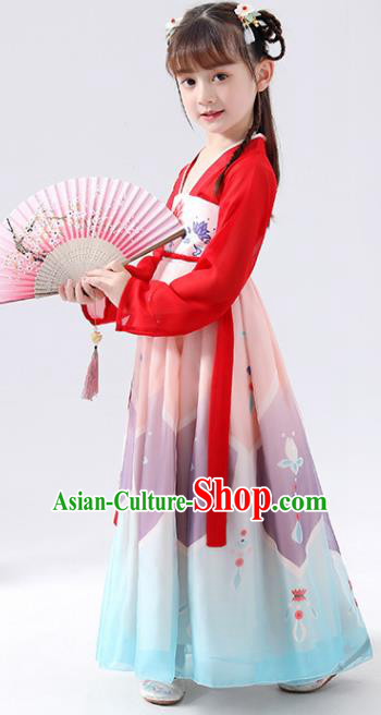 Chinese Traditional Tang Dynasty Girls Printing Hanfu Dress Ancient Princess Costume for Kids