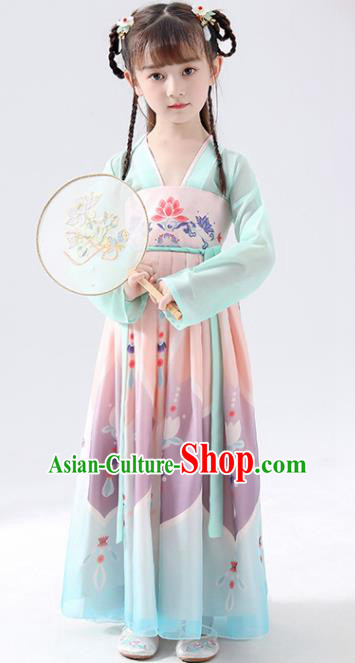 Chinese Traditional Tang Dynasty Girls Printing Light Blue Hanfu Dress Ancient Princess Costume for Kids