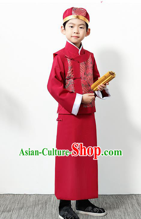 Chinese Traditional Qing Dynasty Boys Red Clothing Ancient Manchu Prince Costume for Kids
