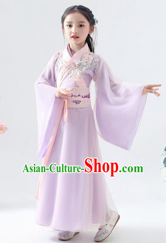 Chinese Traditional Jin Dynasty Girls Lilac Hanfu Dress Ancient Peri Princess Costume for Kids