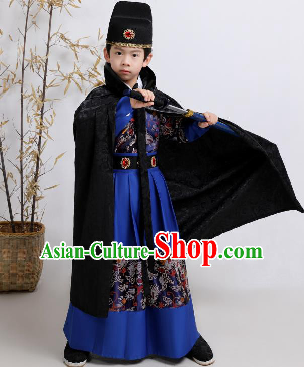 Chinese Traditional Ming Dynasty Imperial Guards Royalblue Hanfu Clothing Ancient Boys Swordsman Costume for Kids