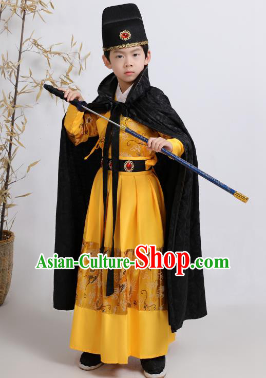 Chinese Traditional Ming Dynasty Imperial Guards Yellow Hanfu Clothing Ancient Boys Swordsman Costume for Kids