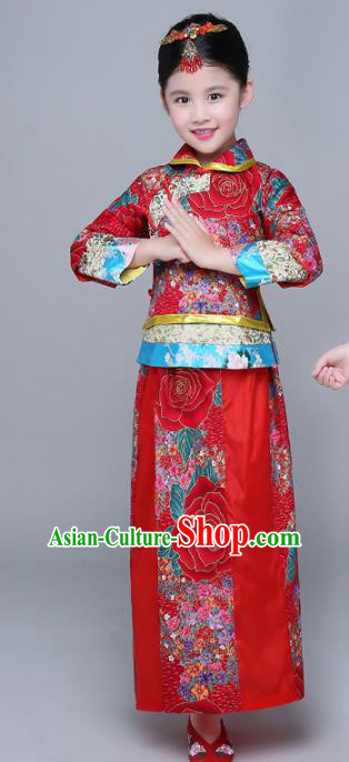 Chinese Traditional Qing Dynasty Girls Wedding Dress Ancient Court Princess Costume for Kids
