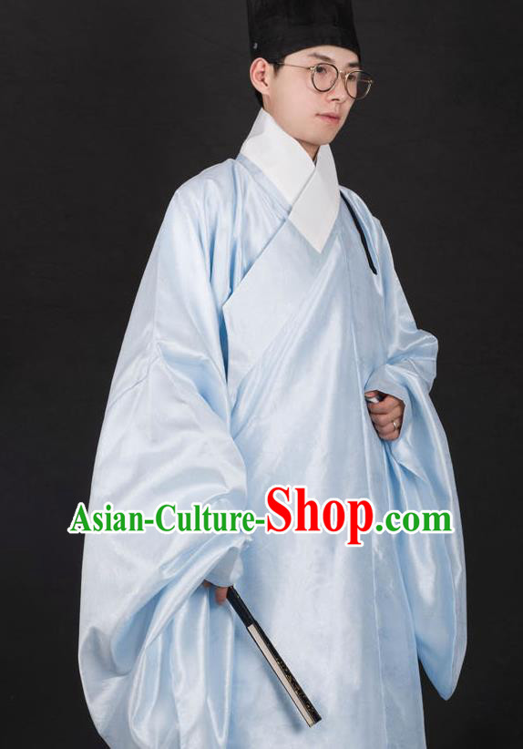 Chinese Traditional Ming Dynasty Minister Hanfu Light Blue Robe Ancient Officer Costume for Men
