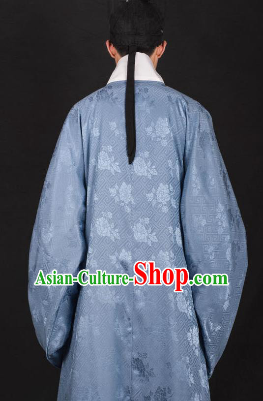 Chinese Traditional Ming Dynasty Taoist Priest Hanfu Blue Robe Ancient Scholar Costume for Men