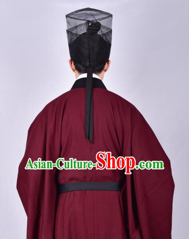 Chinese Traditional Ming Dynasty Taoist Priest Hanfu Wine Red Robe Ancient Scholar Costume for Men