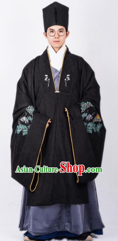 Chinese Traditional Ming Dynasty Scholar Hanfu Black Cloak Ancient Taoist Priest Costume for Men